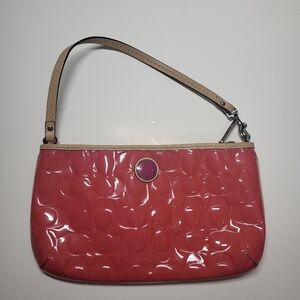 Coach Pink Patent Leather Purse Handbag Signature Print With Leather Straps